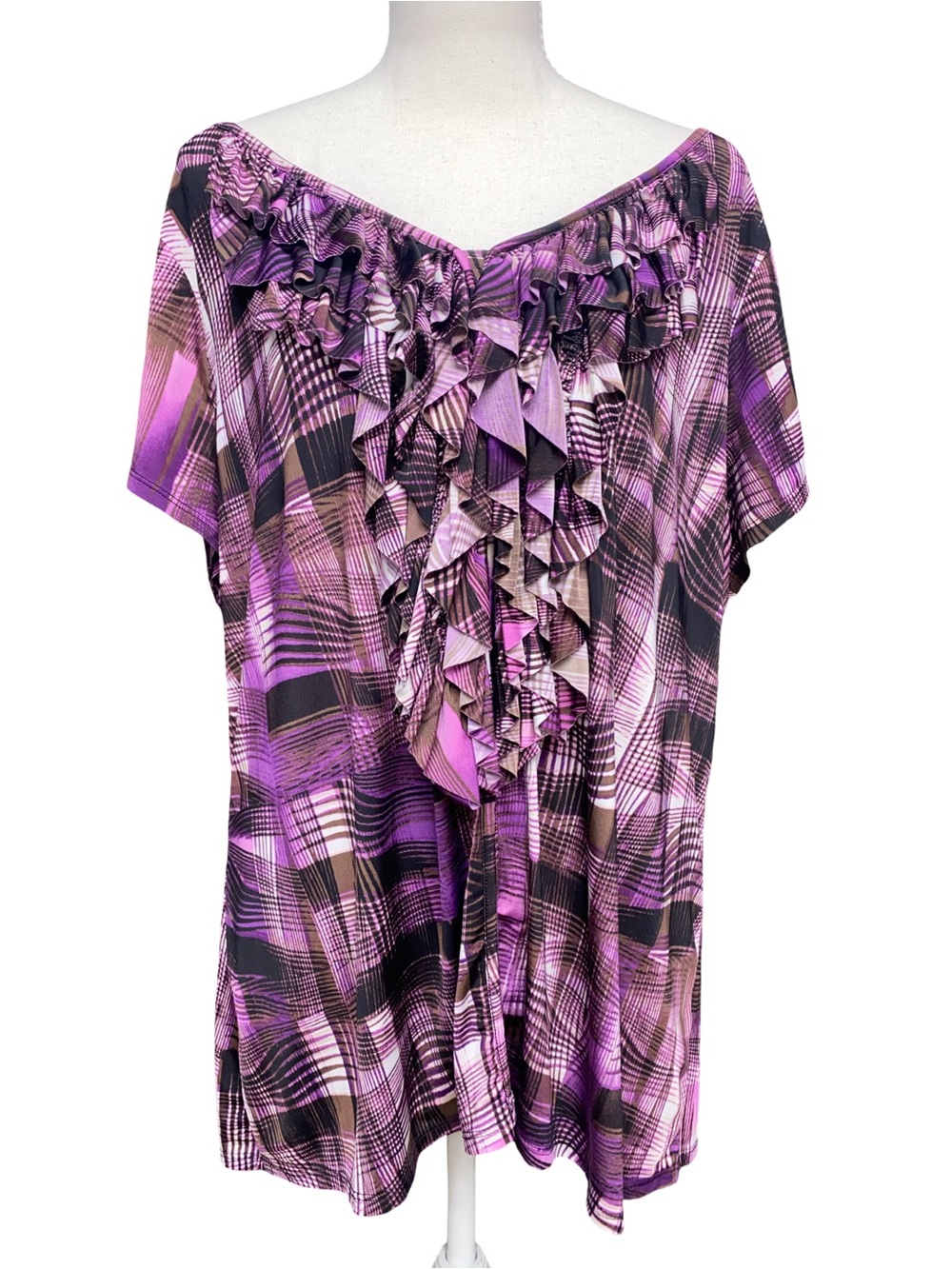 Worthington Woman Stretch 2X Purple Plaid Ruffle Blouse Plus Size Career Top